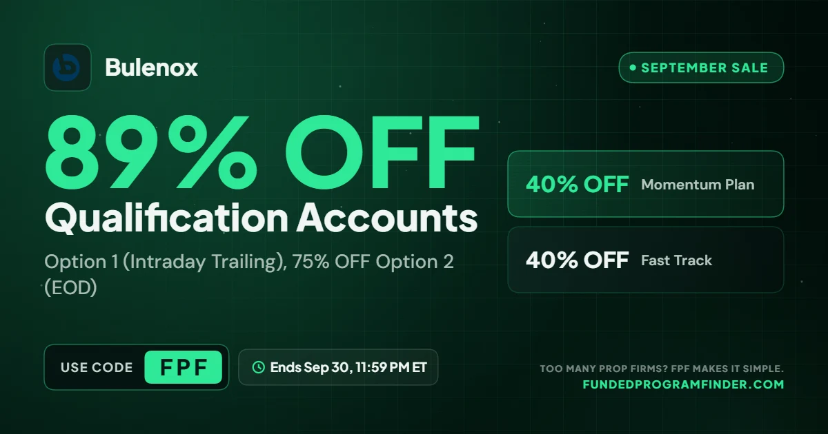 Bulenox September sale - 89% off Qualification and 40% off Momentum and Fast Track with code FPF