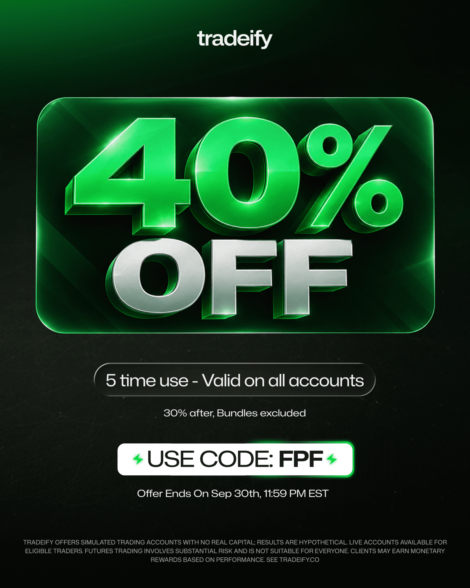 Tradeify 40% off September promo with code FPF