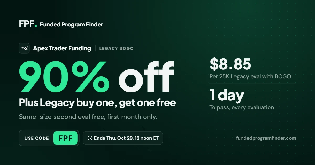 Apex Trader Funding 90% off plus Legacy buy one get one free with code FPF
