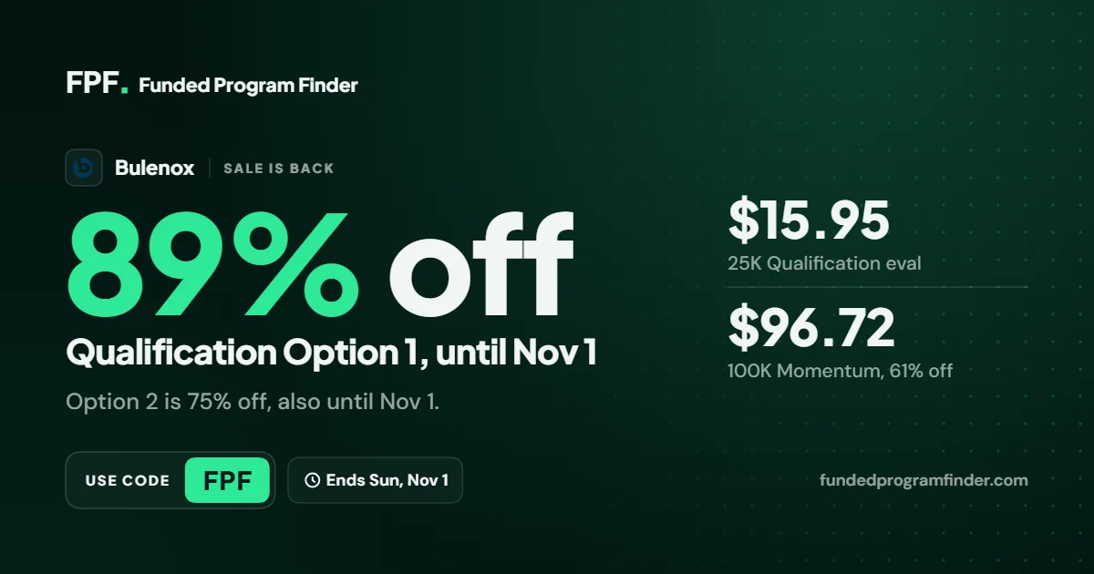 Bulenox 89% off Qualification back until November 1 with code FPF