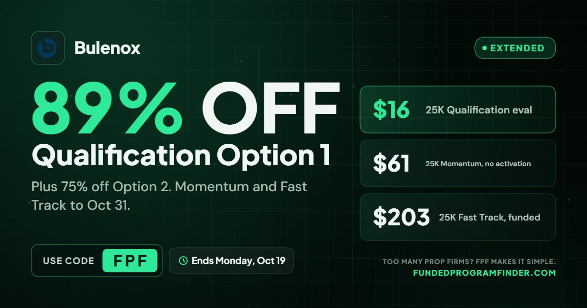 Bulenox sale extended: 89% off Qualification until October 19 with code FPF