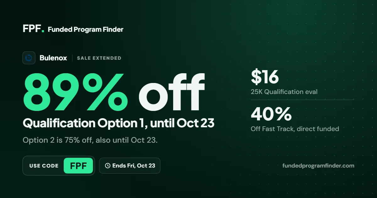 Bulenox 89% off Qualification extended to October 23 with code FPF
