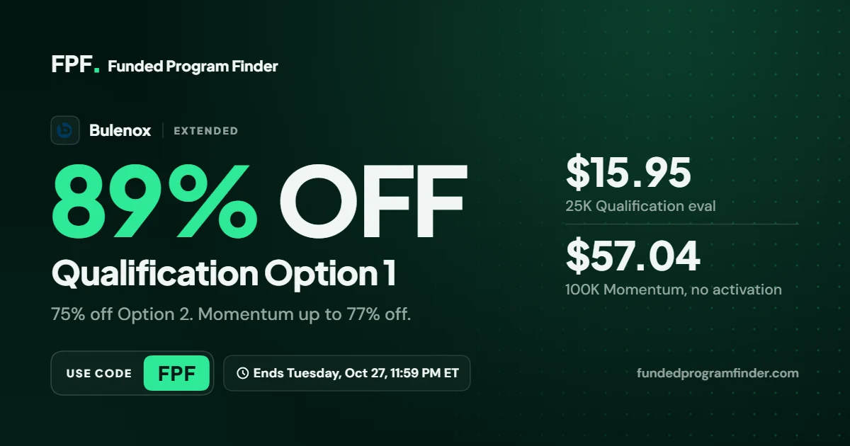 Bulenox 89% off Qualification extended to October 27 with code FPF