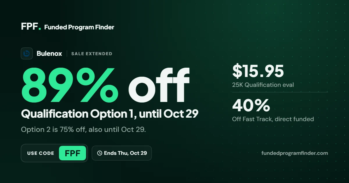 Bulenox 89% off Qualification extended to October 29 with code FPF