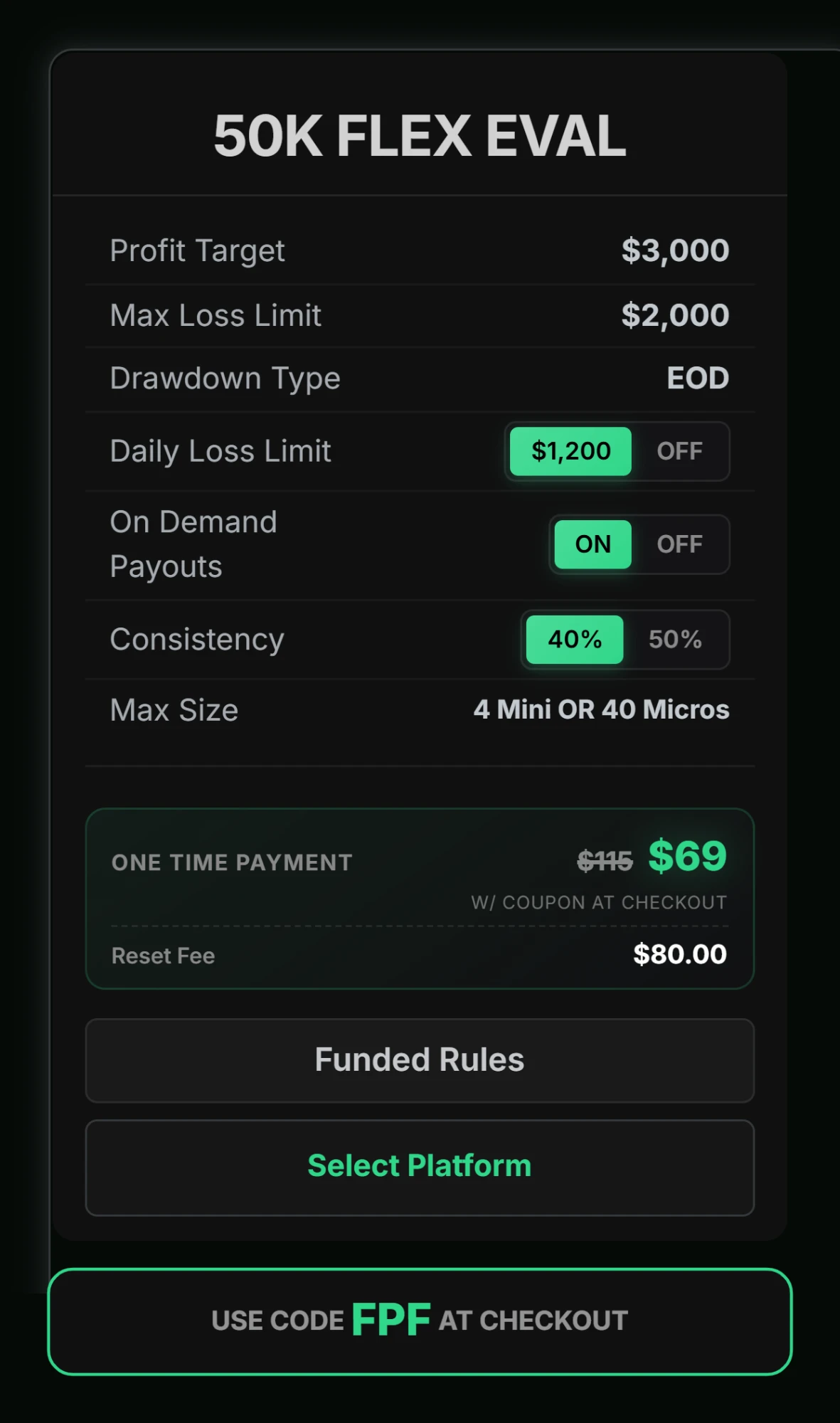 Lucid 50K Flex eval with DLL On and on-demand payouts, $69 with code FPF