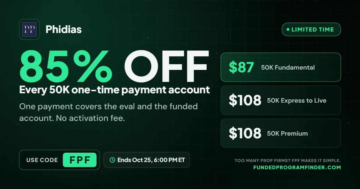 Phidias 85% off every 50K one-time payment account, 50K Fundamental for $87 with code FPF