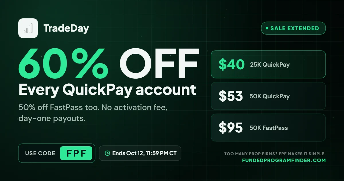 TradeDay 60% off QuickPay extended through October 12 with code FPF