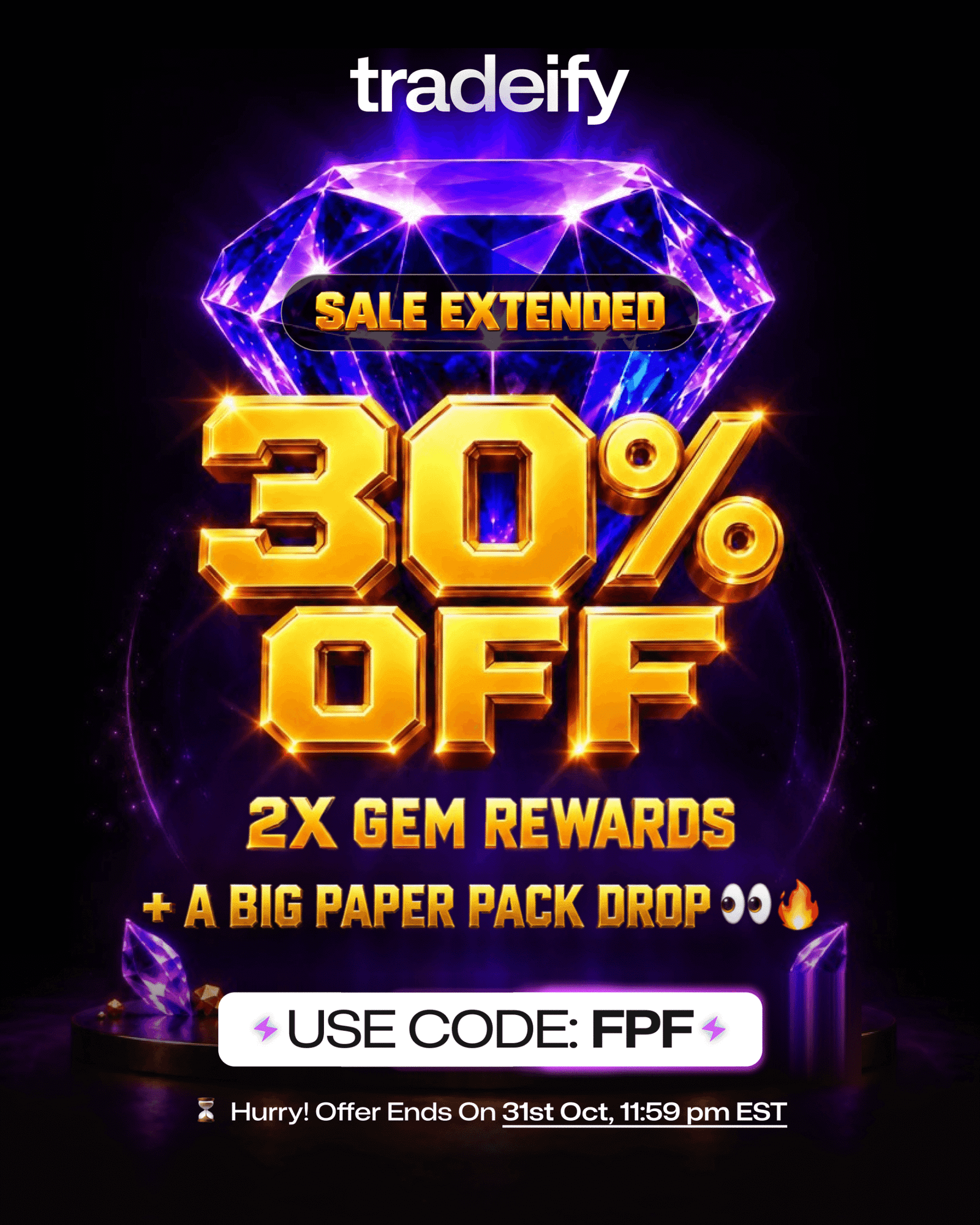 Tradeify sale extended: 30% off every account and 2X Gems with code FPF until October 31